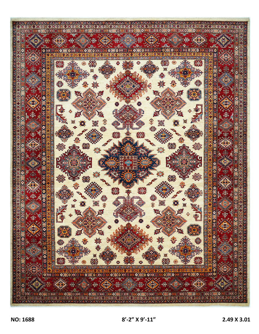8x10 beige Super Kazak geometric handmade wool and cotton area rug with vegetable dyeing