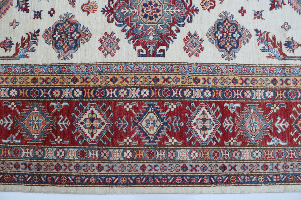 8x10 Beige Super Kazak Geometric Area Rug | Handmade Wool & Cotton Rug