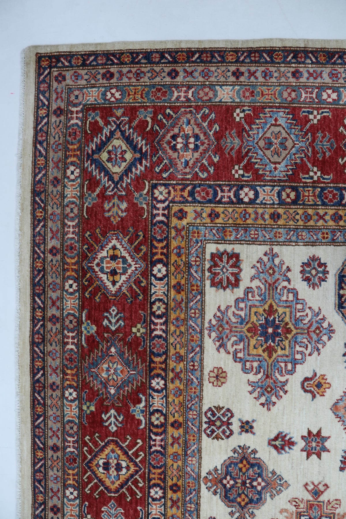 8x10 Beige Super Kazak Geometric Area Rug | Handmade Wool & Cotton Rug