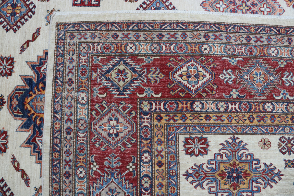 8x10 Beige Super Kazak Geometric Area Rug | Handmade Wool & Cotton Rug