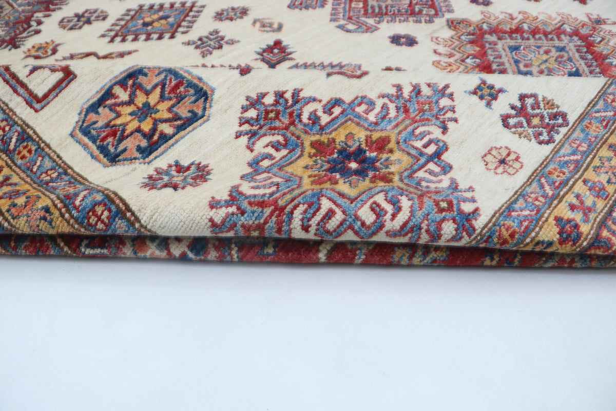 8x10 Beige Super Kazak Geometric Area Rug | Handmade Wool & Cotton Rug