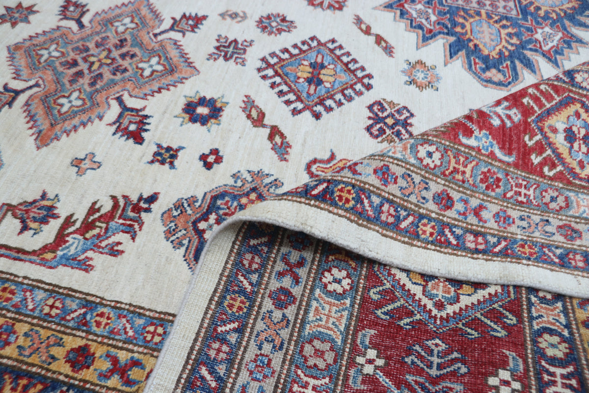 8x10 Beige Super Kazak Geometric Area Rug | Handmade Wool & Cotton Rug