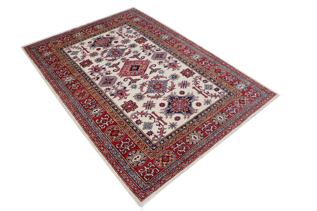 5x7 Beige and Red Super Kazak Handmade Wool Cotton Geometric Area Rug