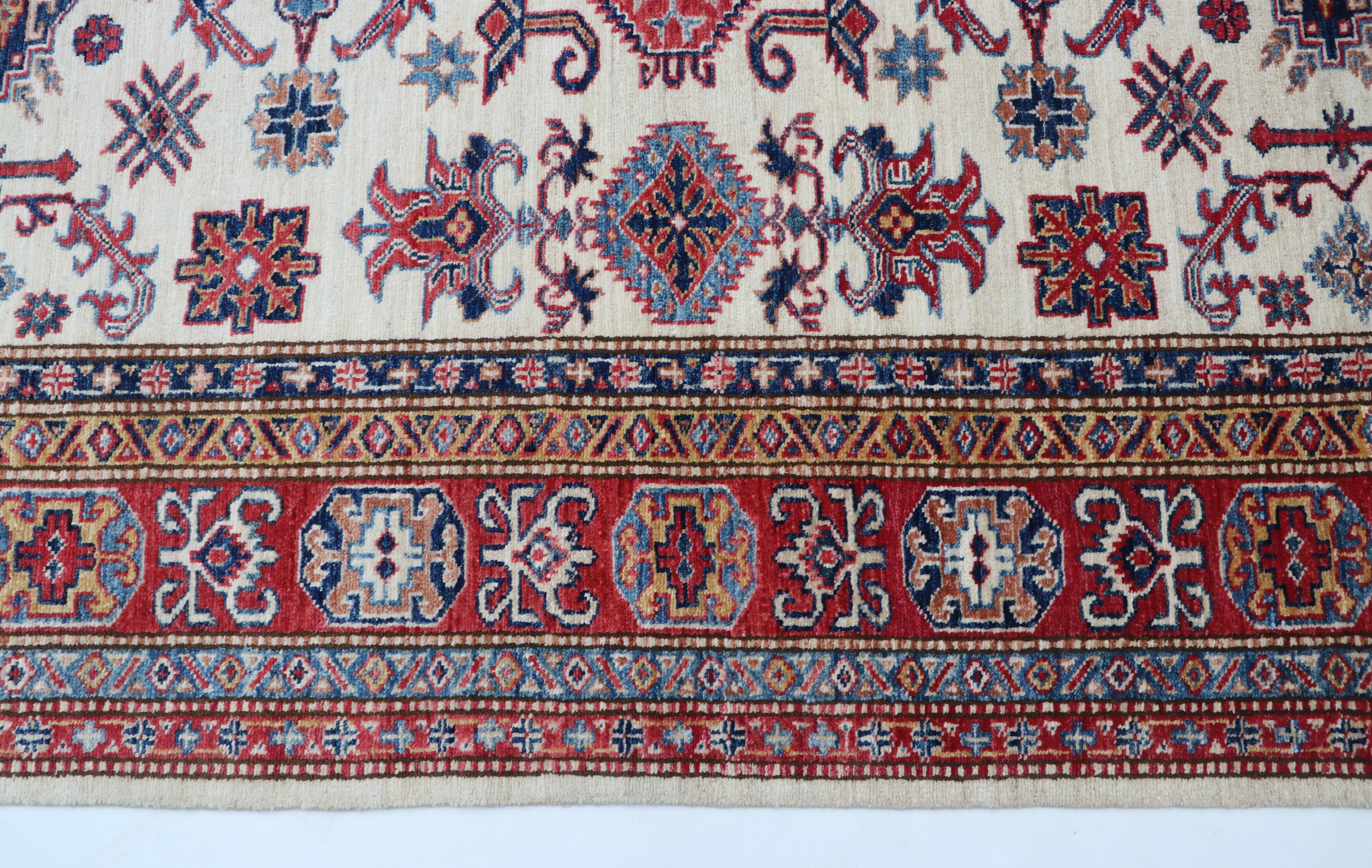 5x7 Beige & Red Super Kazak Area Rug | Handmade Wool & Cotton Geometric Rug