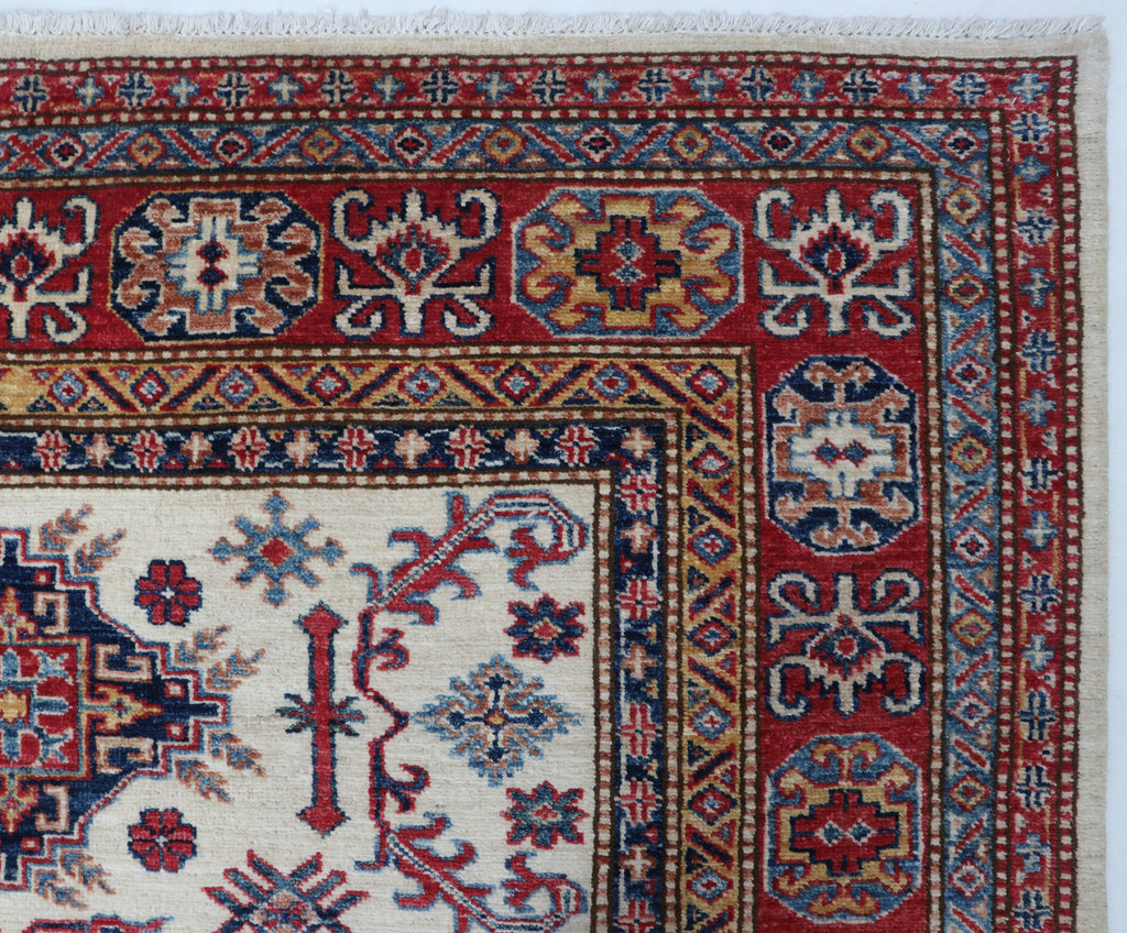 5x7 Beige & Red Super Kazak Area Rug | Handmade Wool & Cotton Geometric Rug