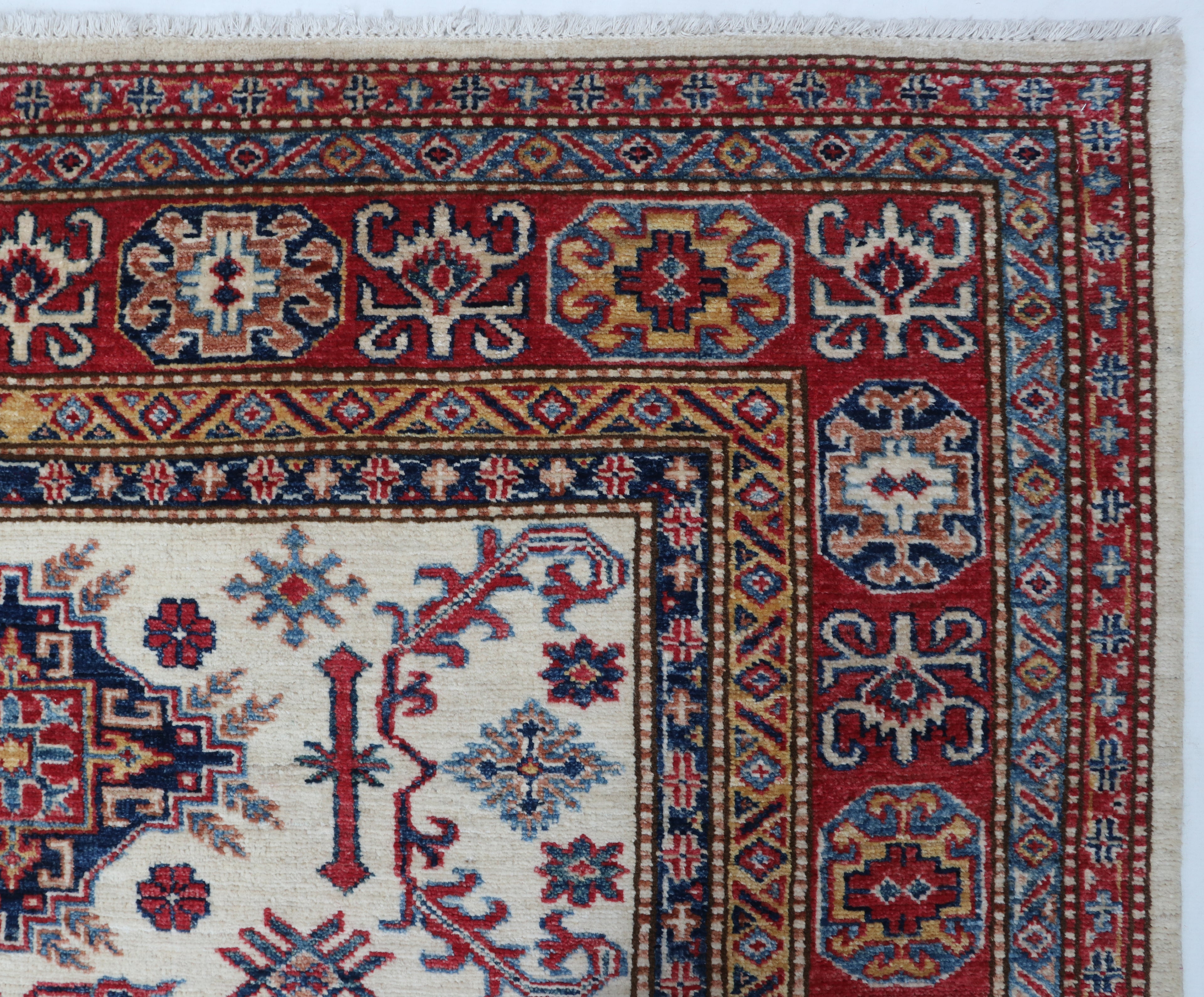 5x7 Beige & Red Super Kazak Area Rug | Handmade Wool & Cotton Geometric Rug