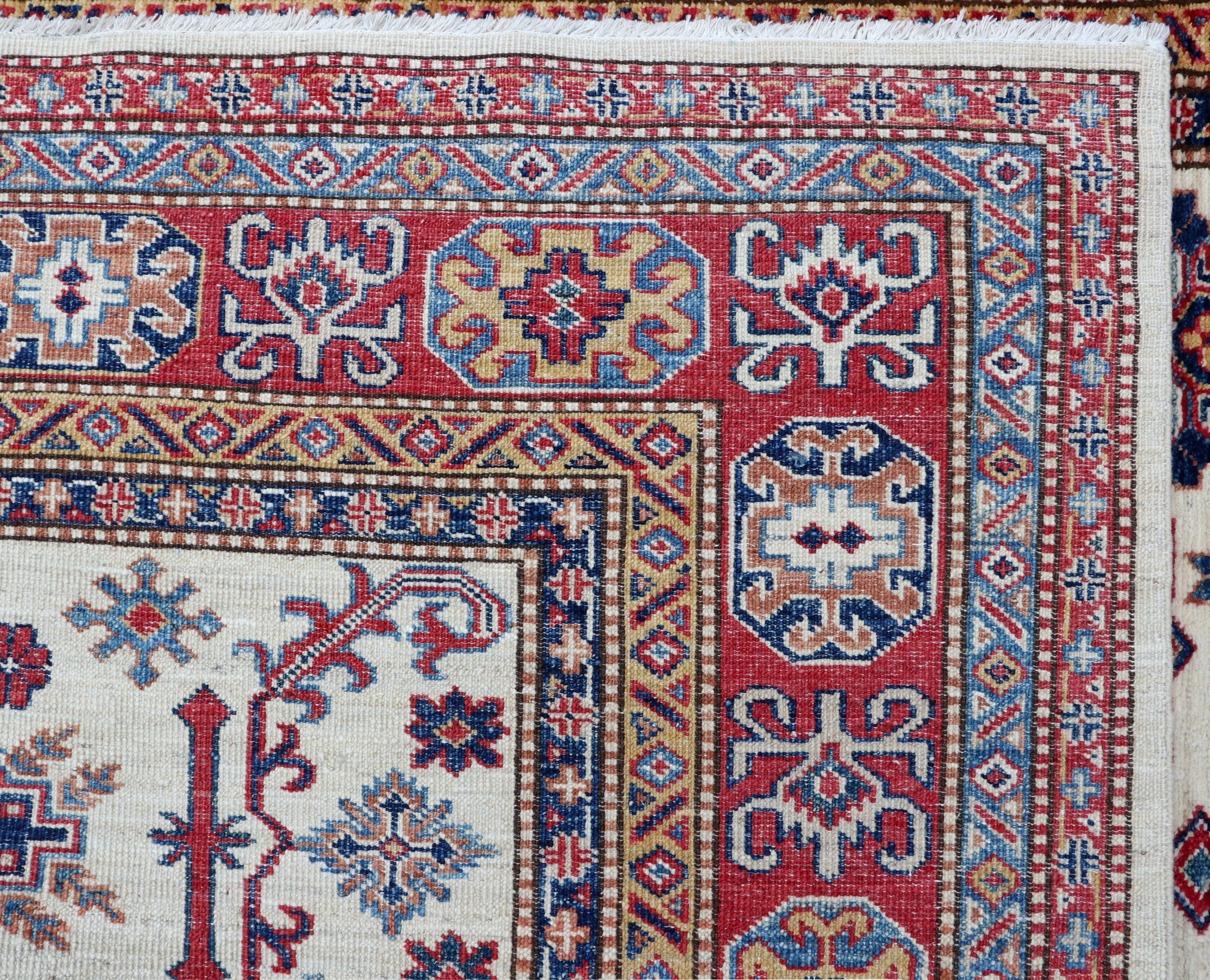 5x7 Beige & Red Super Kazak Area Rug | Handmade Wool & Cotton Geometric Rug