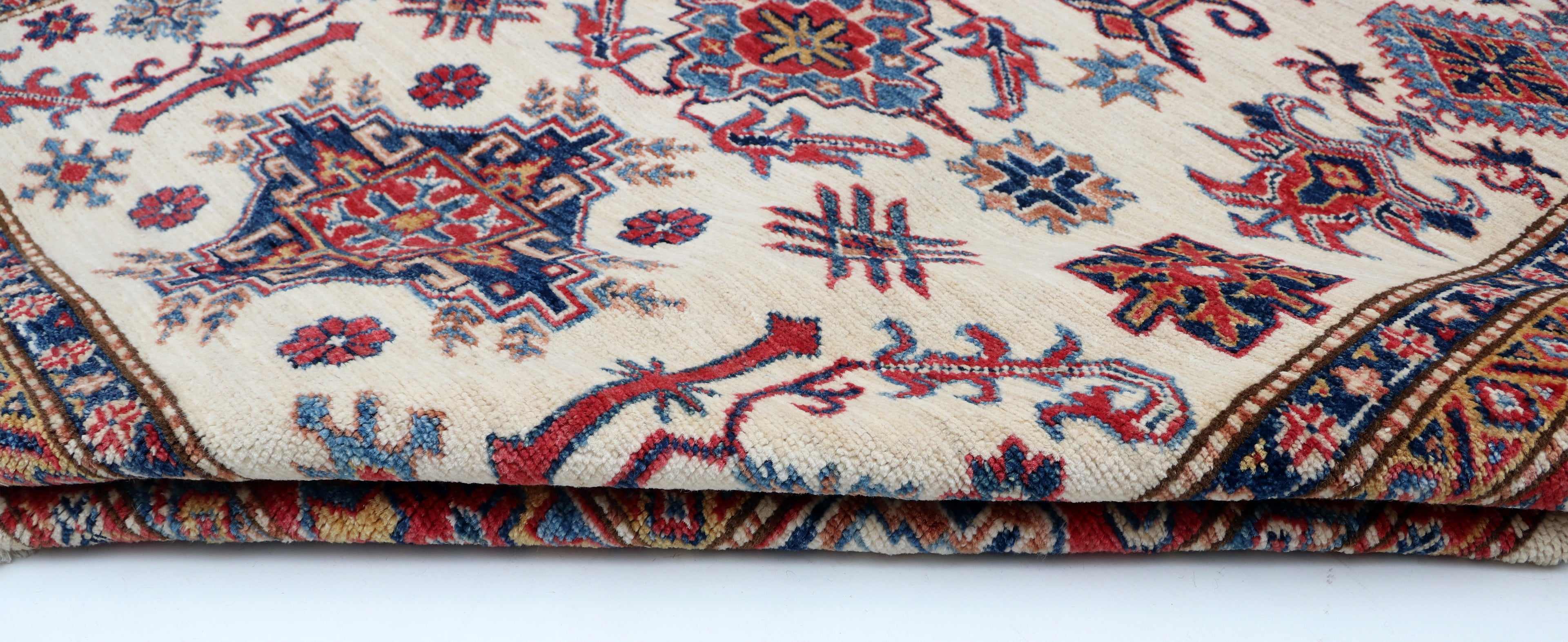 5x7 Beige & Red Super Kazak Area Rug | Handmade Wool & Cotton Geometric Rug