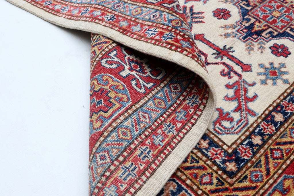 5x7 Beige & Red Super Kazak Area Rug | Handmade Wool & Cotton Geometric Rug