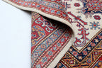 5x7 Beige & Red Super Kazak Area Rug | Handmade Wool & Cotton Geometric Rug