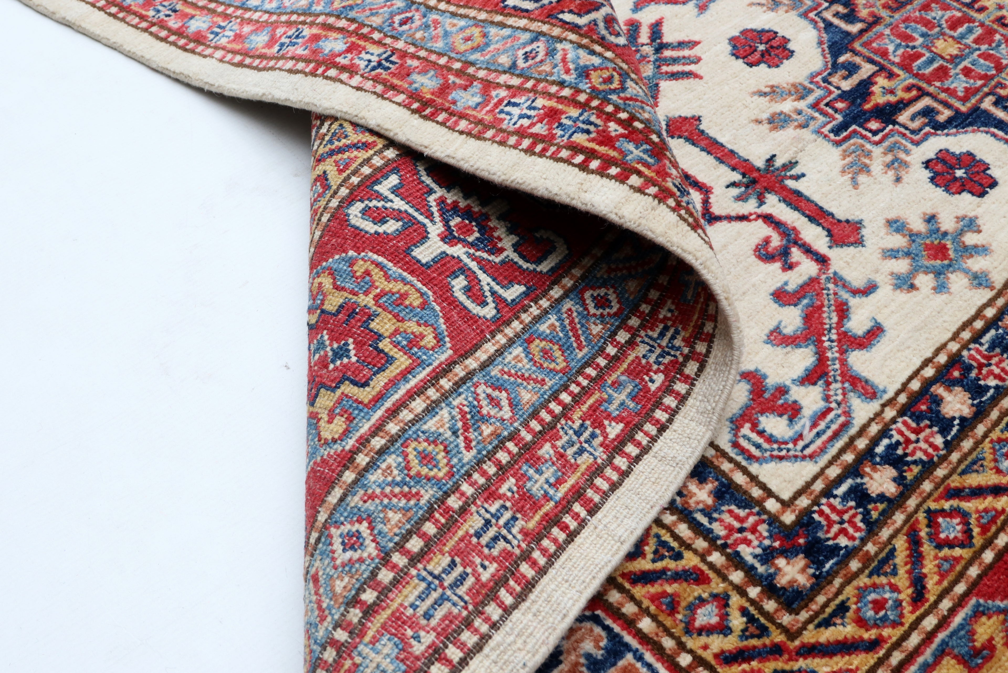 5x7 Beige & Red Super Kazak Area Rug | Handmade Wool & Cotton Geometric Rug