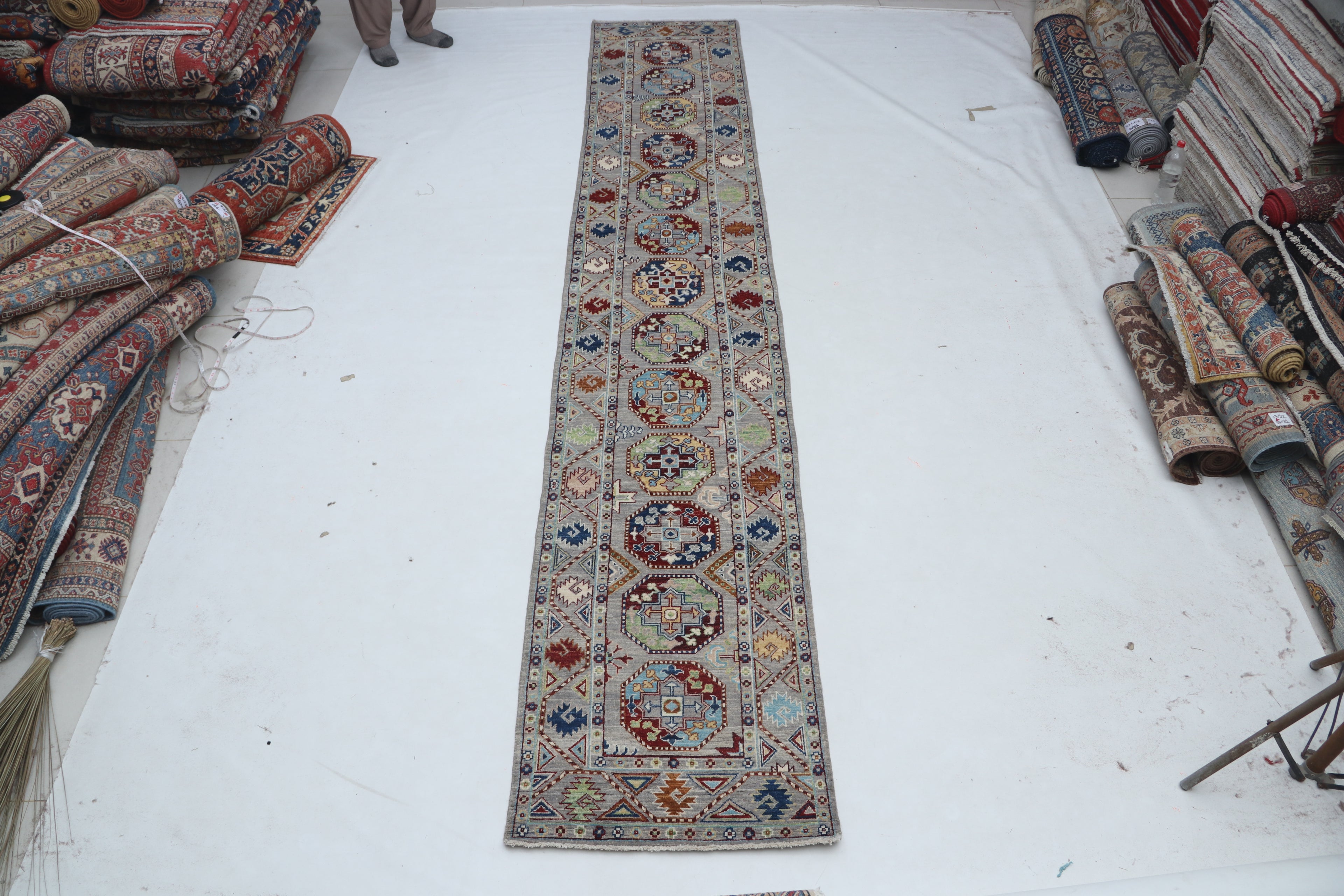 2x13 Gray Chobi Floral Handmade Cotton & Wool Rug | Premium Luxury Runner Rug