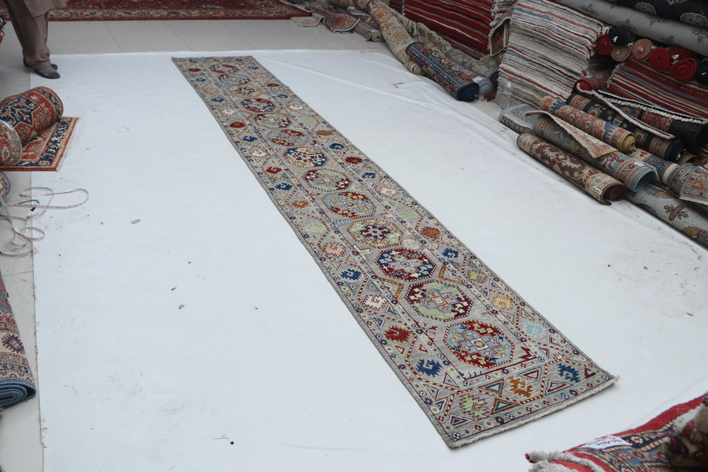 2x13 Gray Chobi Floral Handmade Cotton & Wool Rug | Premium Luxury Runner Rug