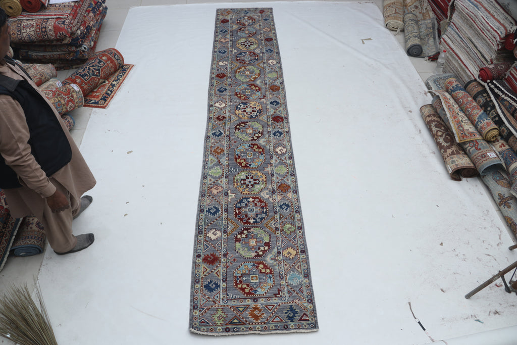 2x14 Gray Chobi Runner Rug | Handmade Wool & Cotton Floral Rug | Luxury Chobi Rug
