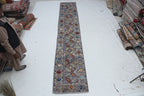 2x14 Gray Chobi Runner Rug | Handmade Wool & Cotton Floral Rug | Luxury Chobi Rug