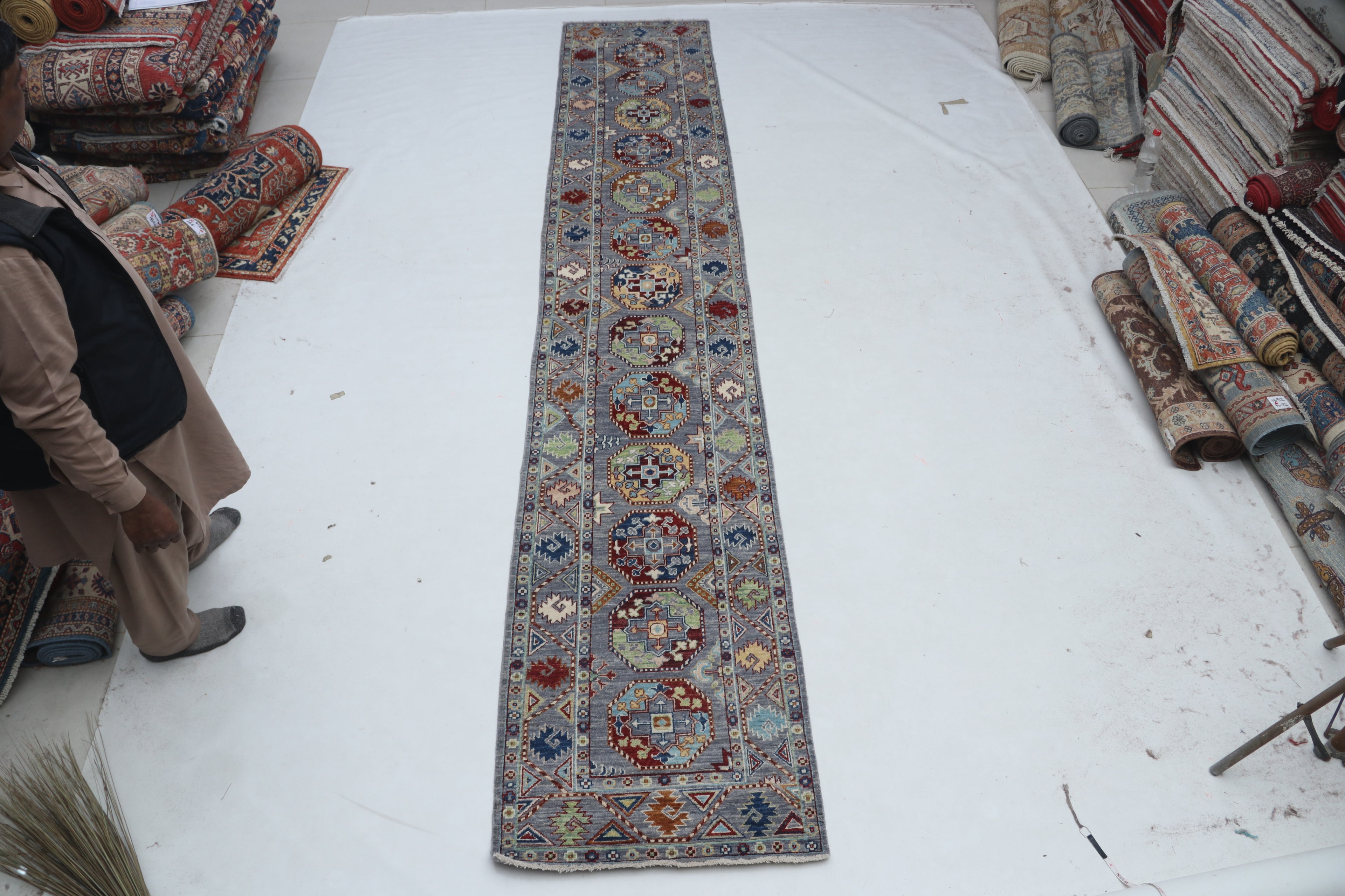 2x14 Gray Chobi Runner Rug | Handmade Wool & Cotton Floral Rug | Luxury Chobi Rug