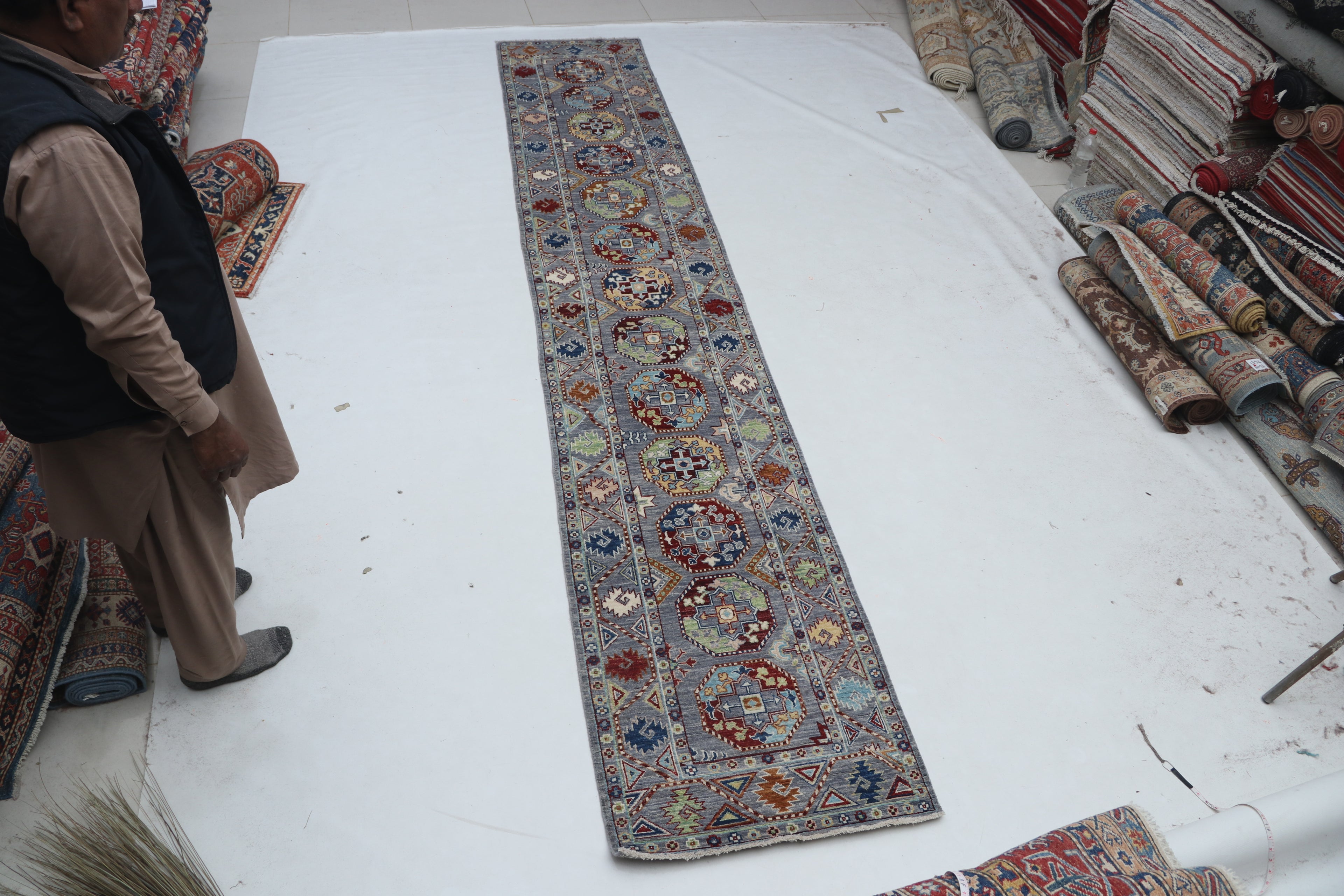 2x14 Gray Chobi Runner Rug | Handmade Wool & Cotton Floral Rug | Luxury Chobi Rug