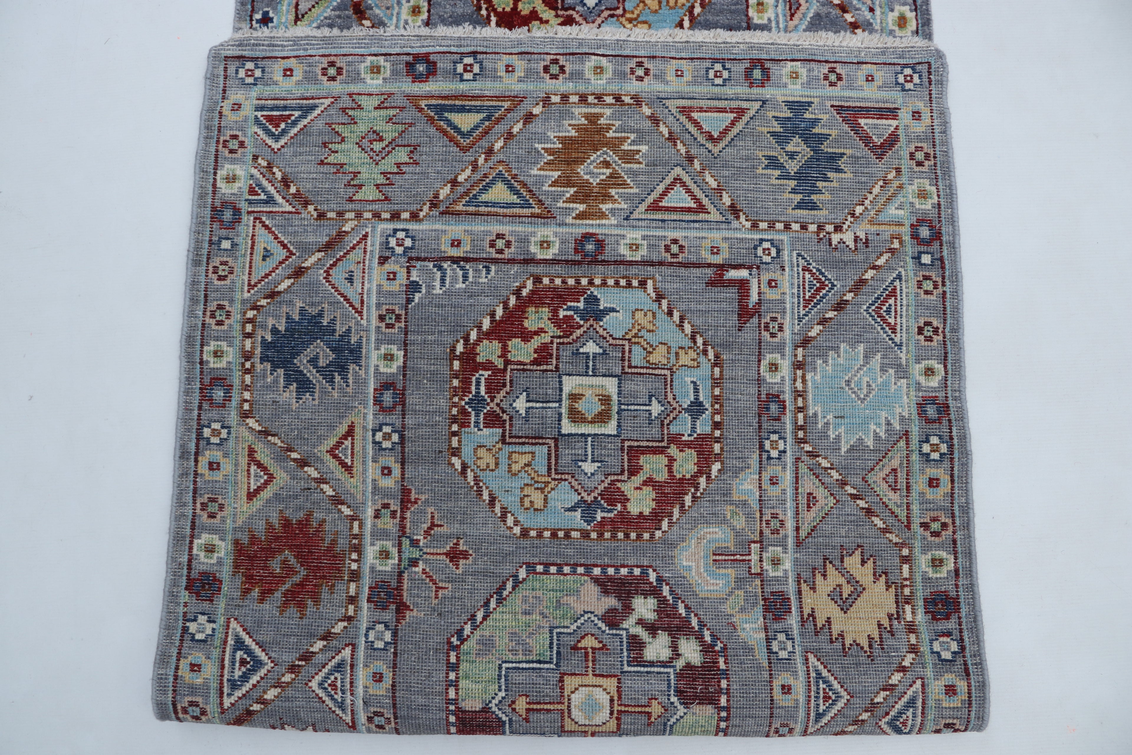 2x14 Gray Chobi Runner Rug | Handmade Wool & Cotton Floral Rug | Luxury Chobi Rug