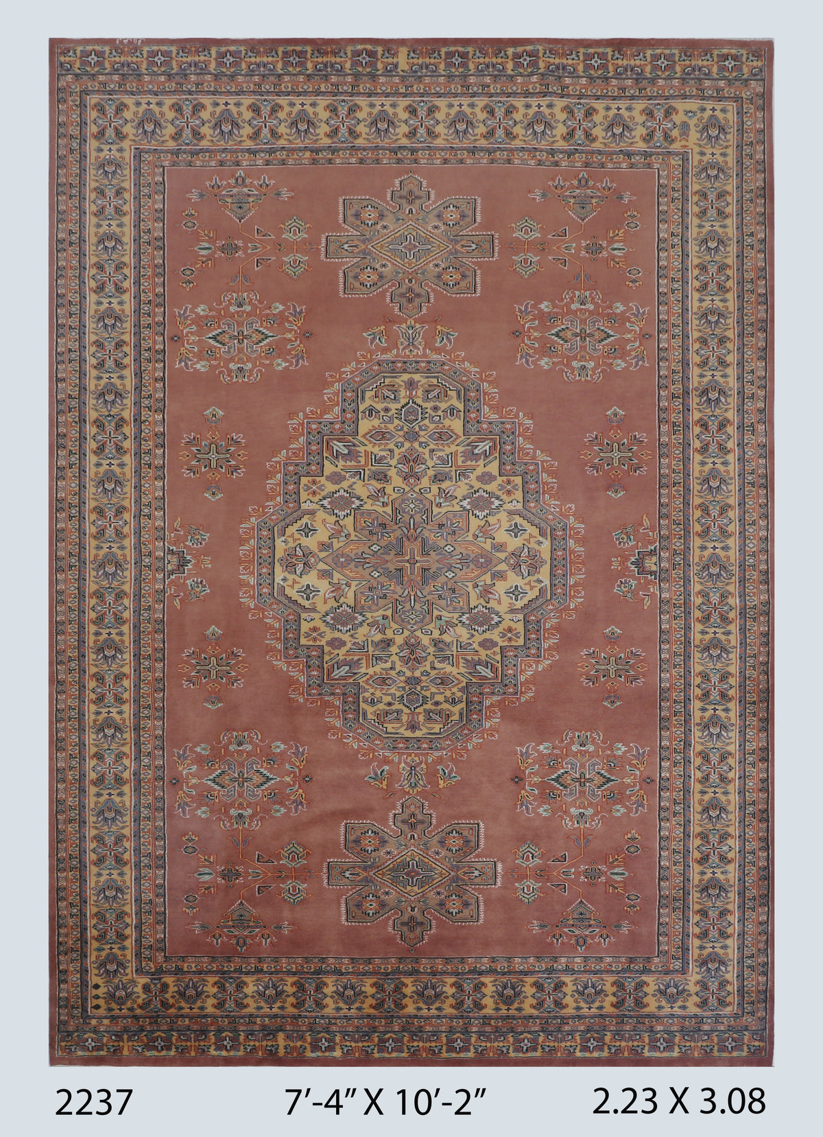 7x10 Orange Kafkazi geometric handmade wool cotton and silk area rug