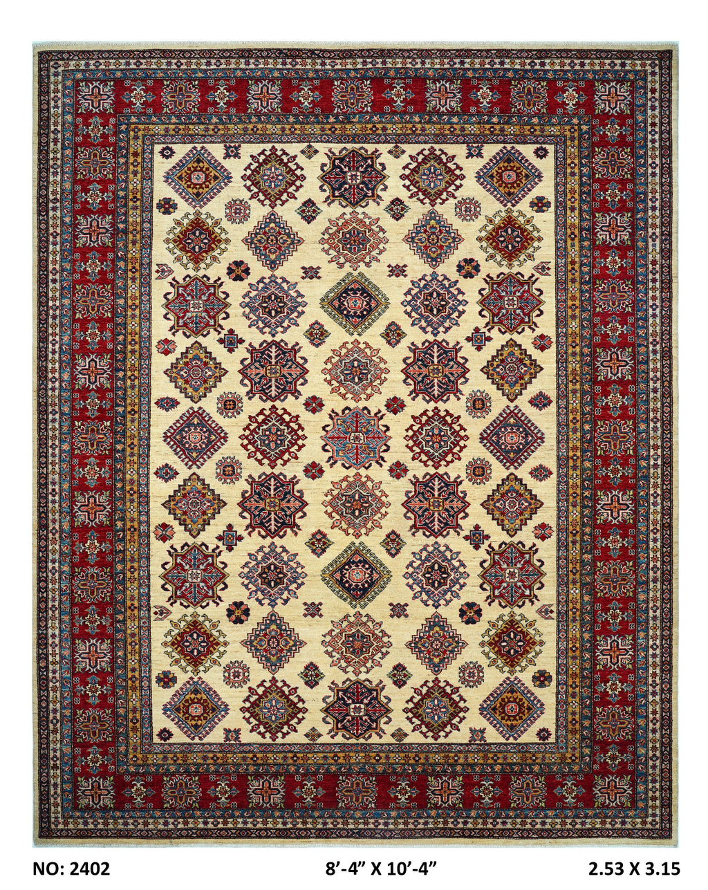 8x10 Beige Super Kazak geometric handmade wool and cotton area rug