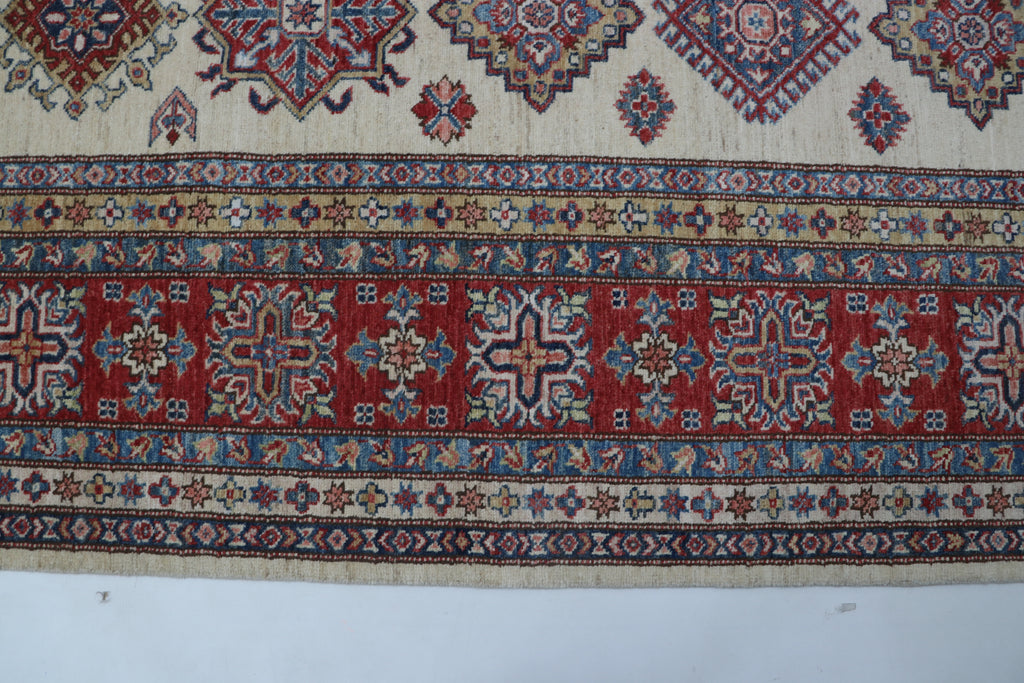 8x10 Beige Super Kazak Geometric Area Rug | Handmade Wool & Cotton Rug