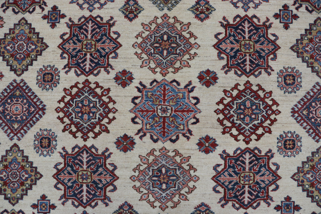 8x10 Beige Super Kazak Geometric Area Rug | Handmade Wool & Cotton Rug