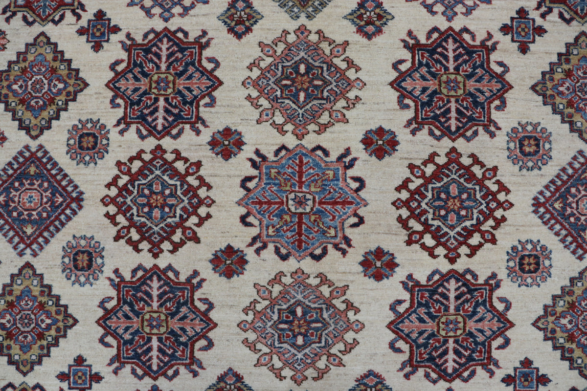 8x10 Beige Super Kazak Geometric Area Rug | Handmade Wool & Cotton Rug