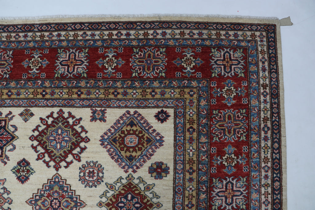 8x10 Beige Super Kazak Geometric Area Rug | Handmade Wool & Cotton Rug