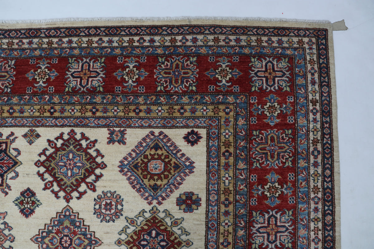 8x10 Beige Super Kazak Geometric Area Rug | Handmade Wool & Cotton Rug