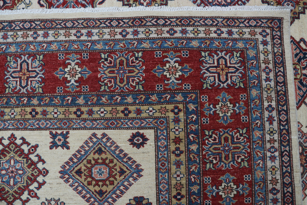 8x10 Beige Super Kazak Geometric Area Rug | Handmade Wool & Cotton Rug