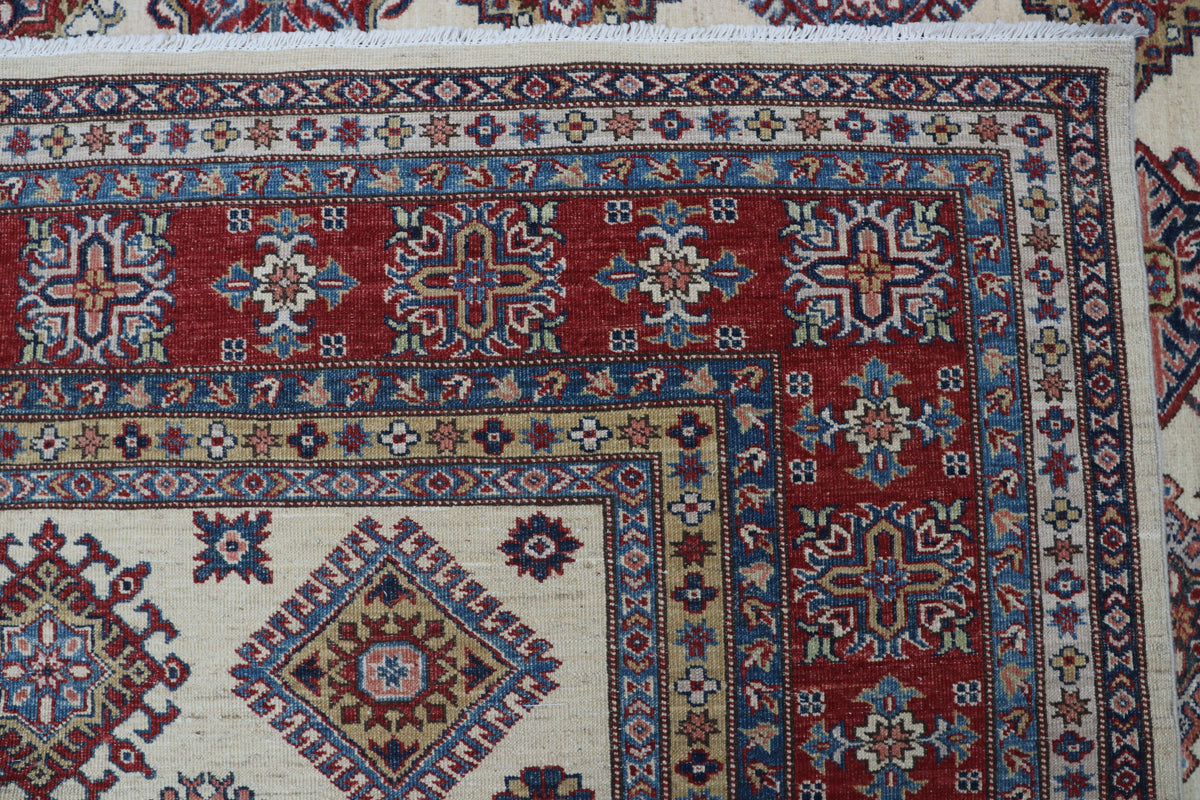 8x10 Beige Super Kazak Geometric Area Rug | Handmade Wool & Cotton Rug