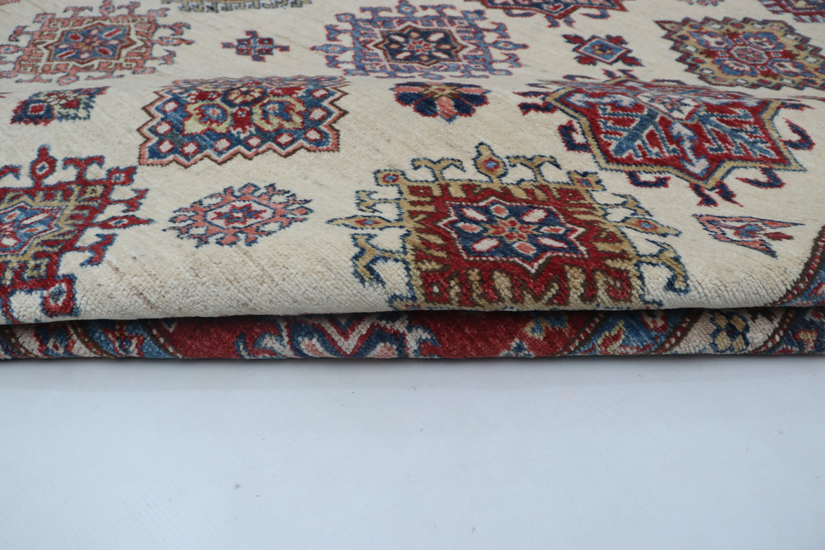 8x10 Beige Super Kazak Geometric Area Rug | Handmade Wool & Cotton Rug