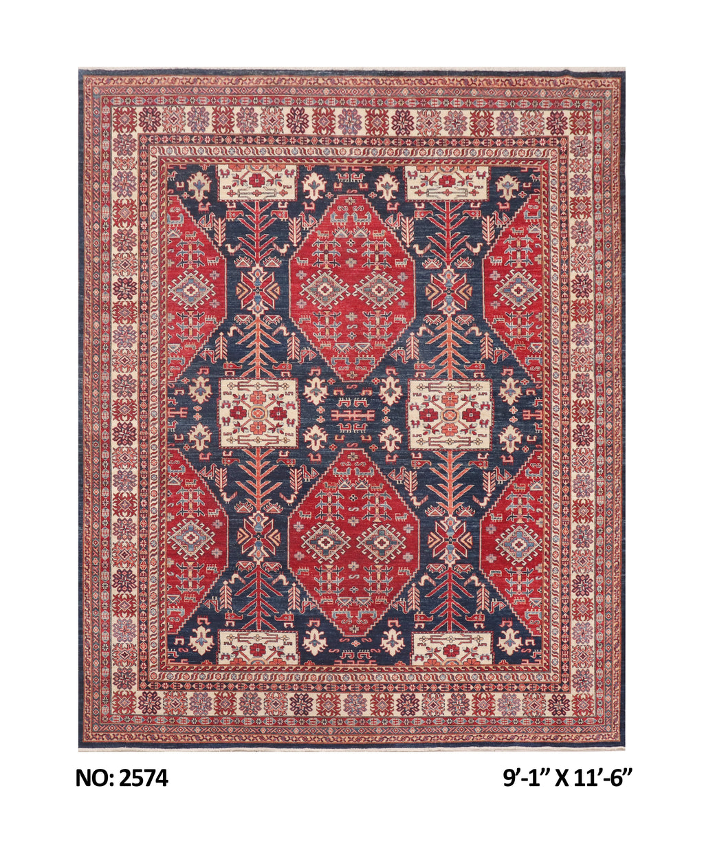 9x12 Blue Super Kazak geometric handmade wool and cotton area rug