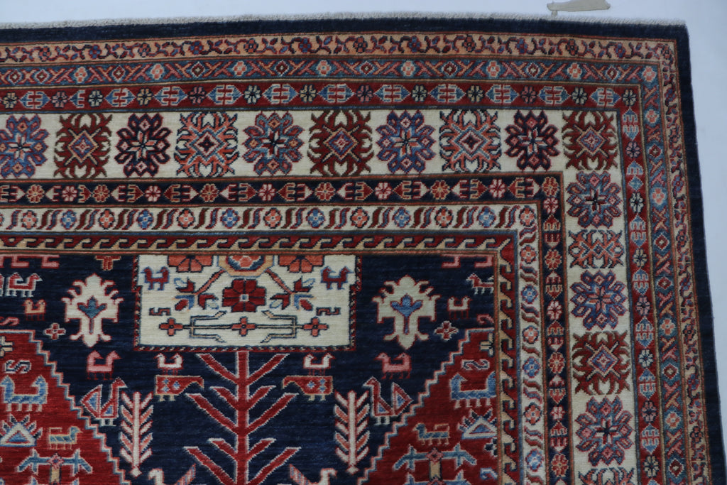 9x12 Blue Super Kazak Geometric Area Rug | Handmade Wool & Cotton Rug