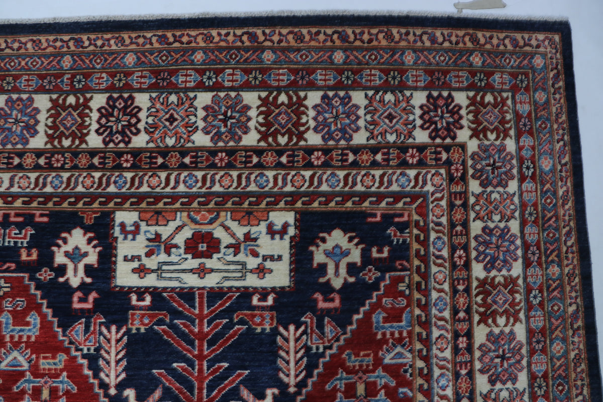 9x12 Blue Super Kazak Geometric Area Rug | Handmade Wool & Cotton Rug