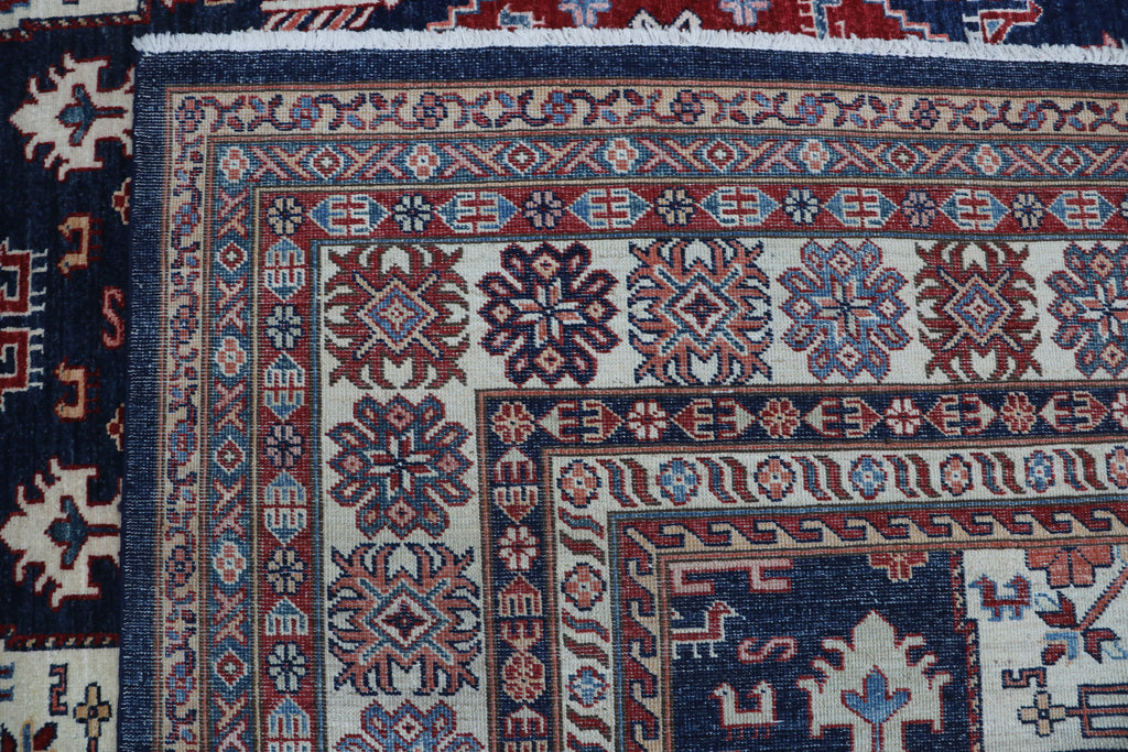 9x12 Blue Super Kazak Geometric Area Rug | Handmade Wool & Cotton Rug