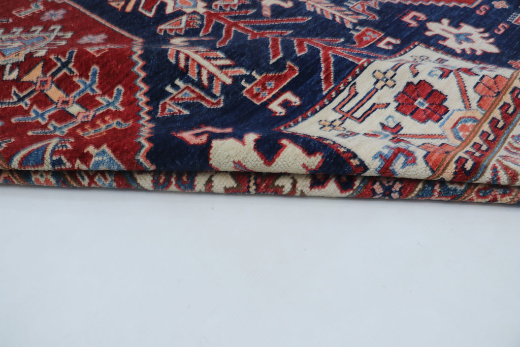 9x12 Blue Super Kazak Geometric Area Rug | Handmade Wool & Cotton Rug