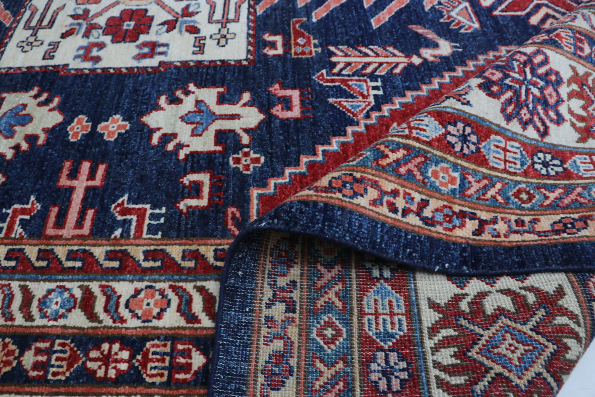 9x12 Blue Super Kazak Geometric Area Rug | Handmade Wool & Cotton Rug