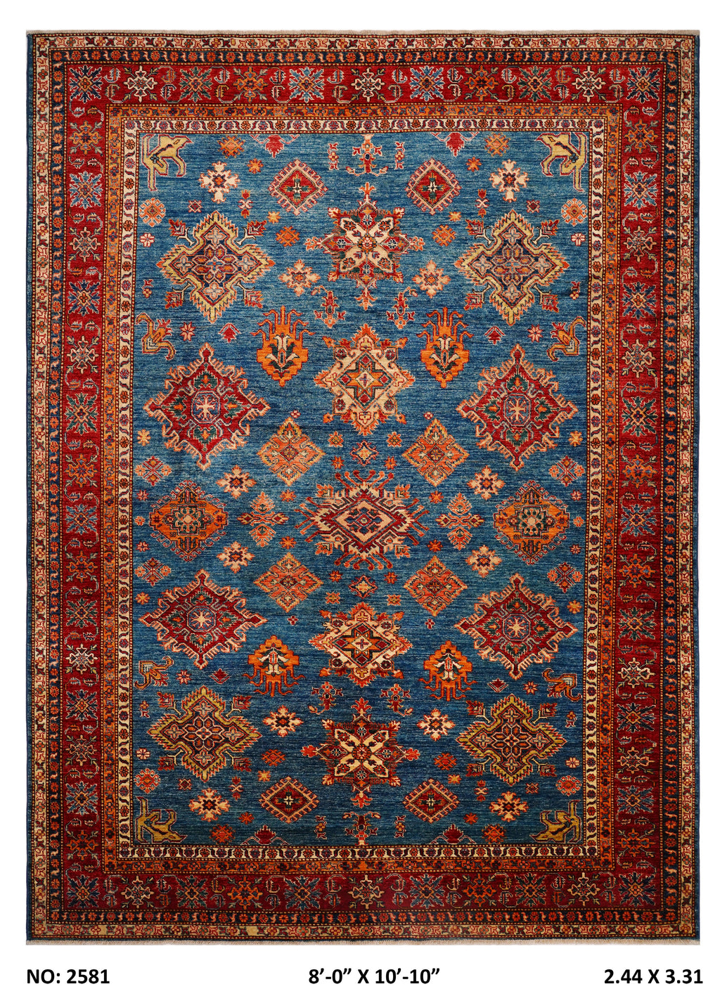 8x11 Blue Super Kazak geometric handmade wool and cotton area rug