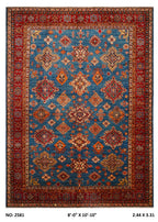 8x11 Blue Super Kazak geometric handmade wool and cotton area rug