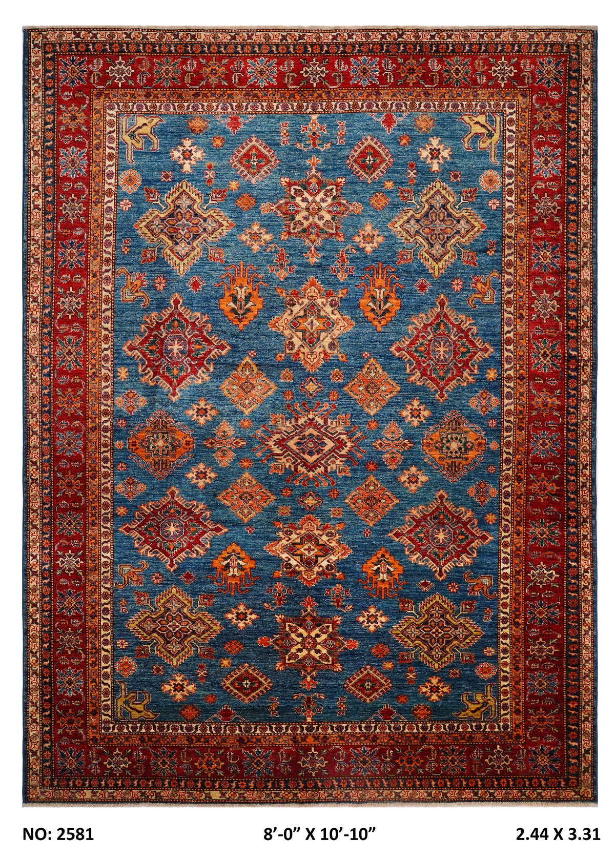 8x11 Blue Super Kazak geometric handmade wool and cotton area rug