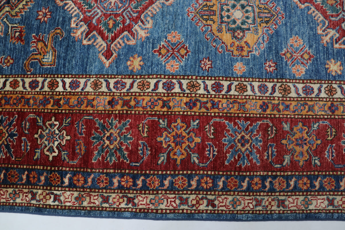 8x11 Blue Super Kazak Geometric Area Rug | Handmade Wool & Cotton Rug
