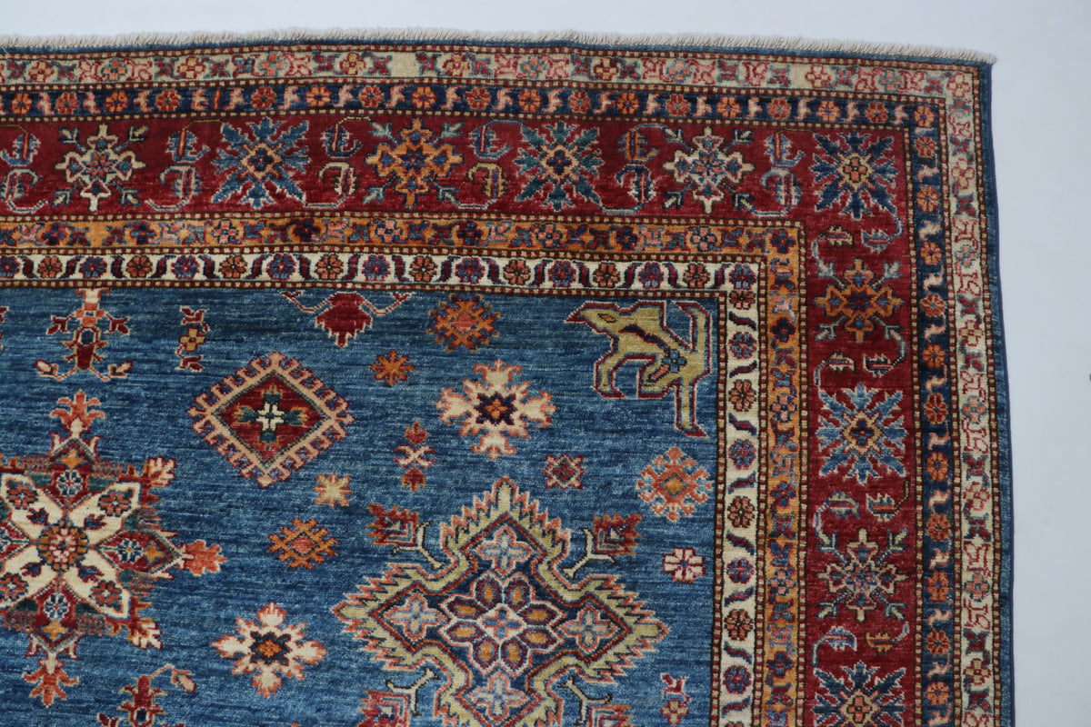 8x11 Blue Super Kazak Geometric Area Rug | Handmade Wool & Cotton Rug