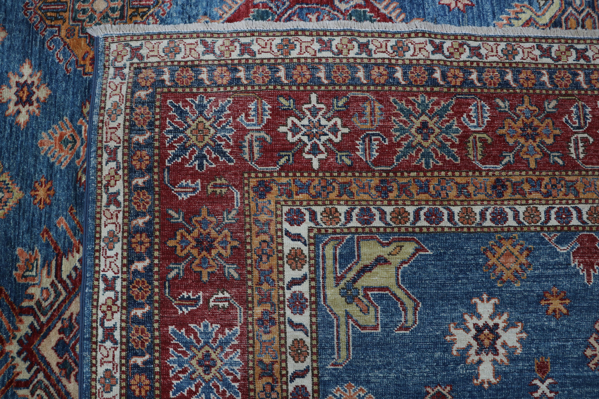 8x11 Blue Super Kazak Geometric Area Rug | Handmade Wool & Cotton Rug