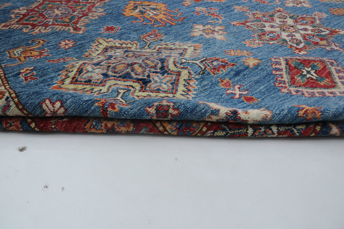 8x11 Blue Super Kazak Geometric Area Rug | Handmade Wool & Cotton Rug
