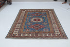 5x6 Blue & Beige Super Kazak Geometric Handmade Cotton & Wool Rug | Premium Luxury Area Rug