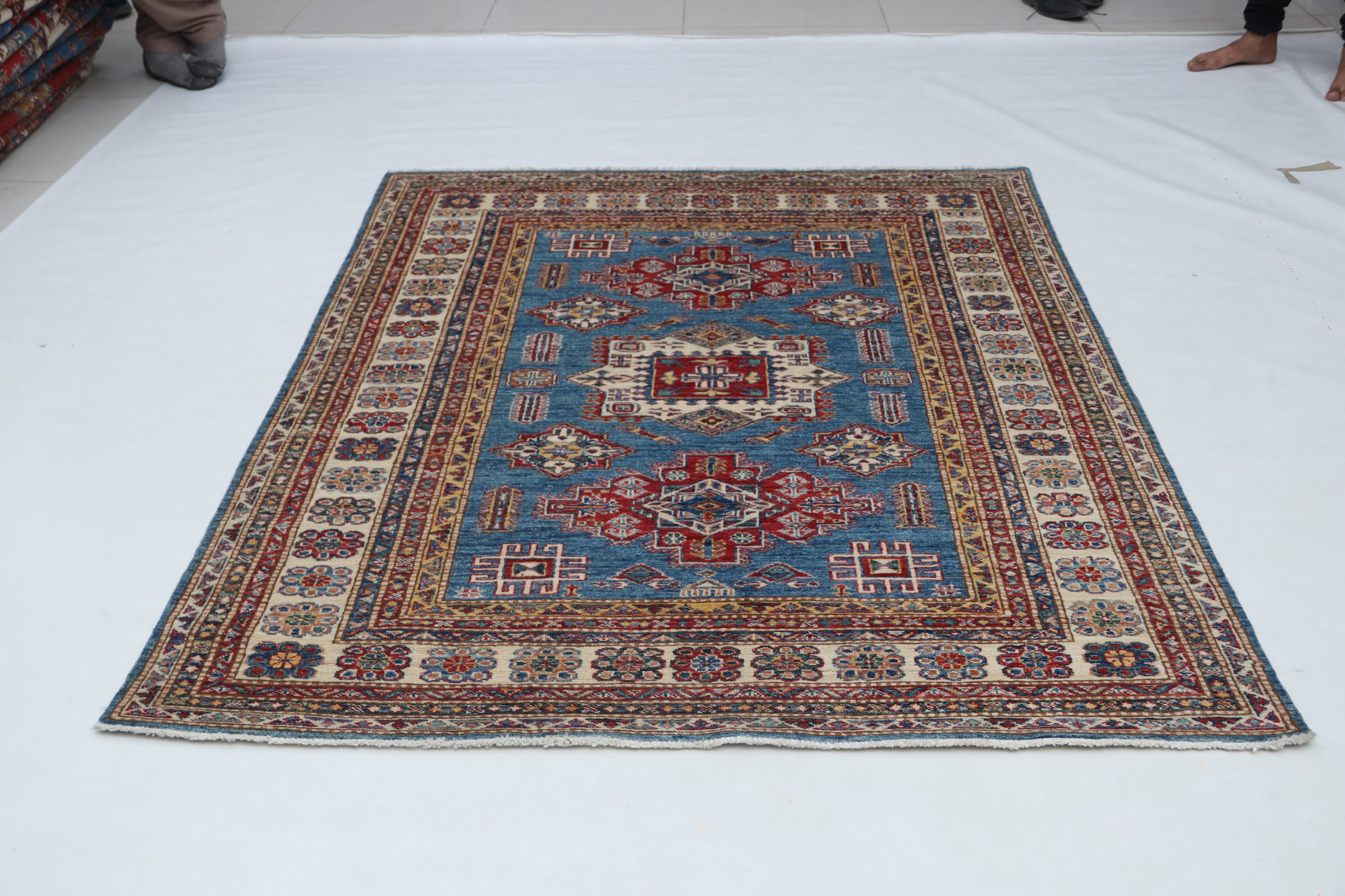 5x6 Blue & Beige Super Kazak Geometric Handmade Cotton & Wool Rug | Premium Luxury Area Rug