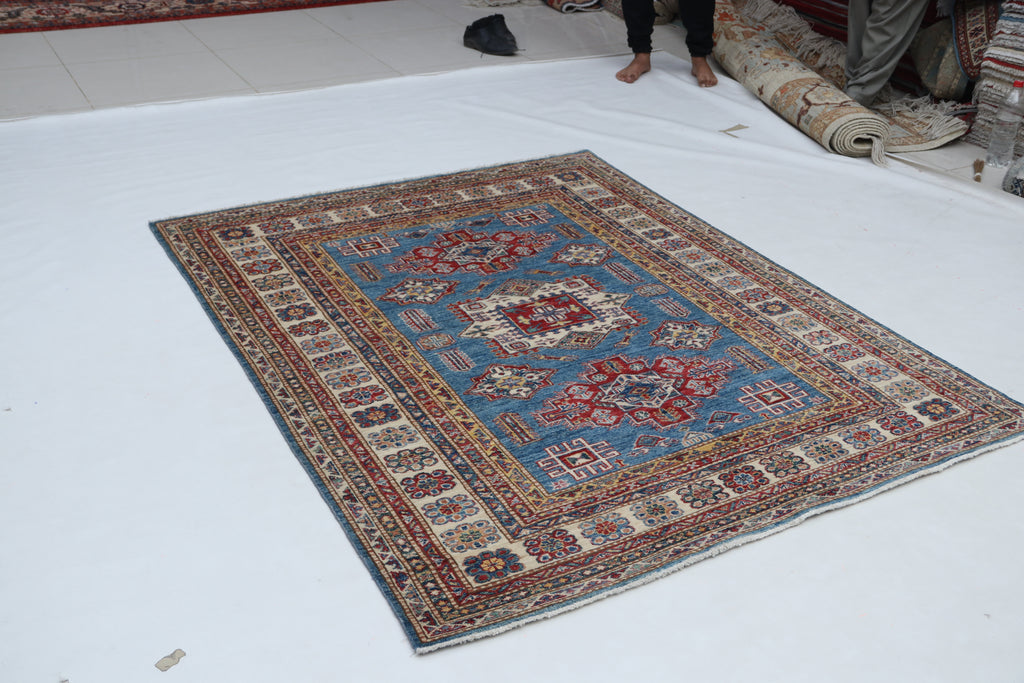 5x6 Blue & Beige Super Kazak Geometric Handmade Cotton & Wool Rug | Premium Luxury Area Rug
