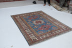5x6 Blue & Beige Super Kazak Geometric Handmade Cotton & Wool Rug | Premium Luxury Area Rug