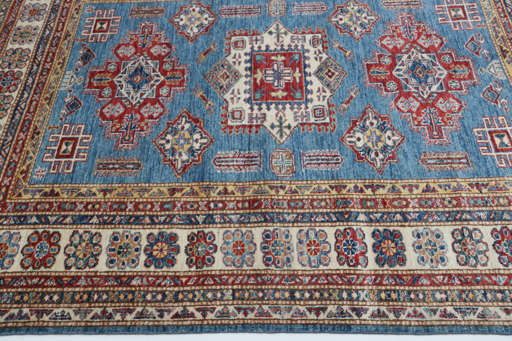 5x6 Blue & Beige Super Kazak Geometric Handmade Cotton & Wool Rug | Premium Luxury Area Rug
